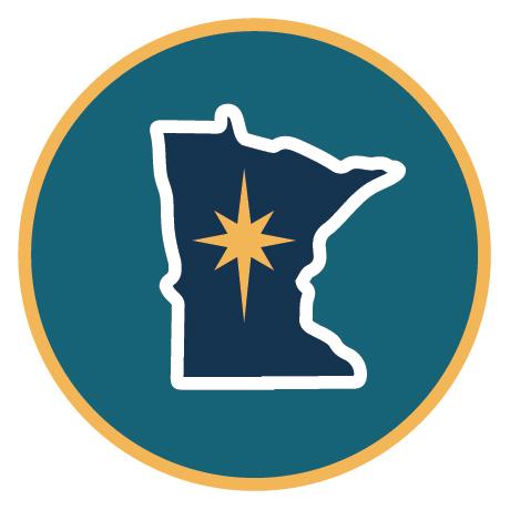 a dark blue shape of Minnesota with a gold star in the middle and a white border, on top of a dark teal circle with a gold border