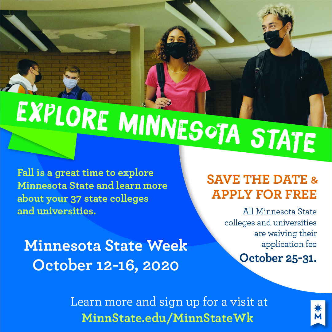 Multiple students in a building wearing masks with information about Minnesota State Week.