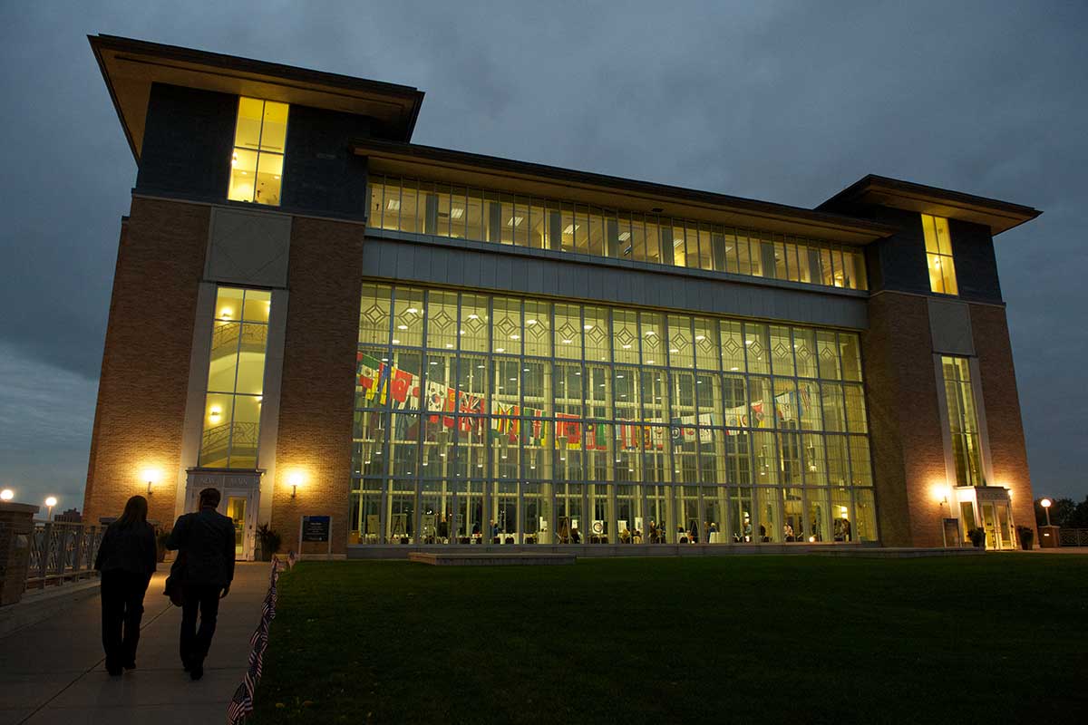 The New Main building on Metropolitan State University's campus at night.