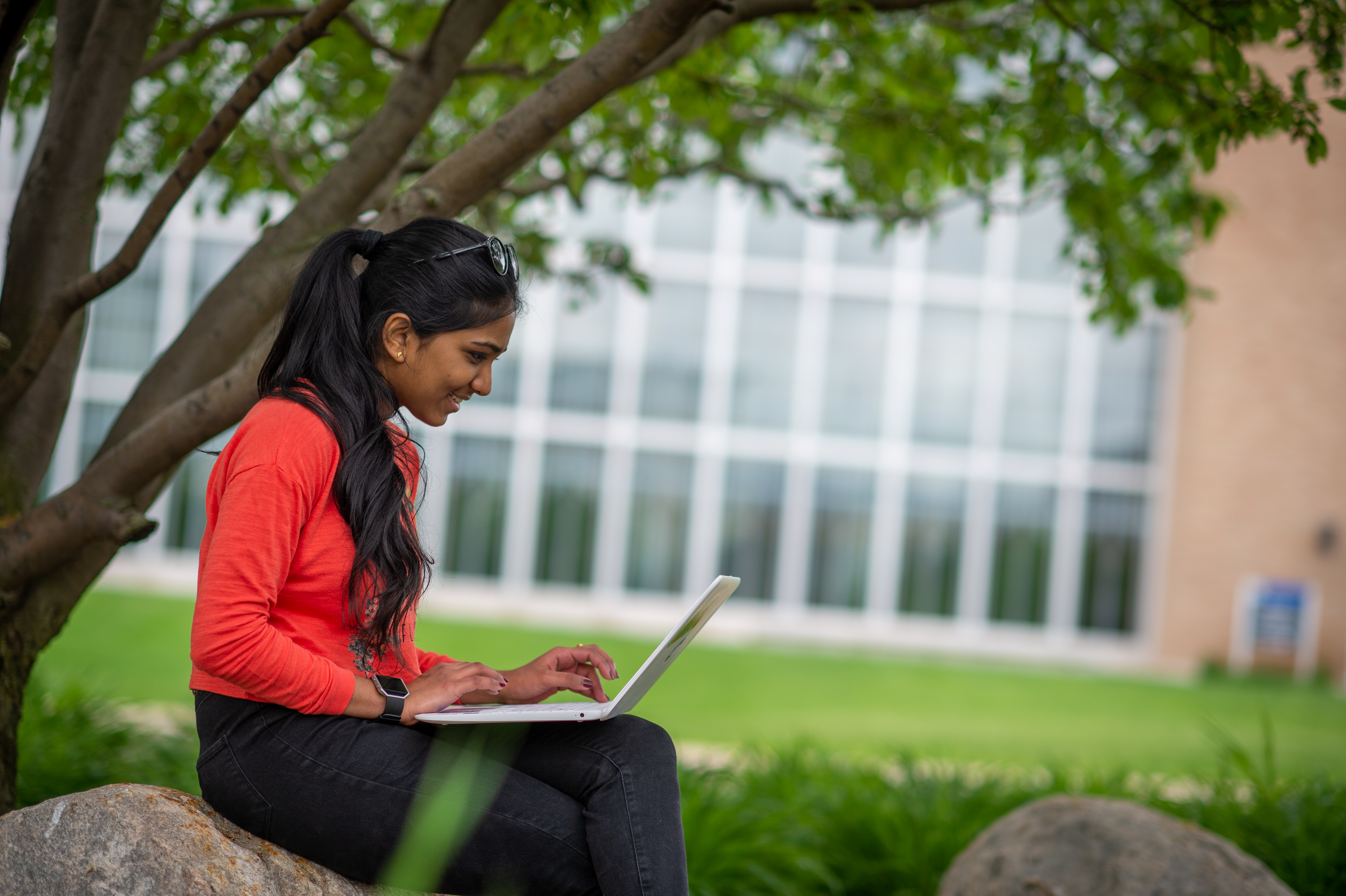 a young woman in red sits under a tree working on a laptop computer