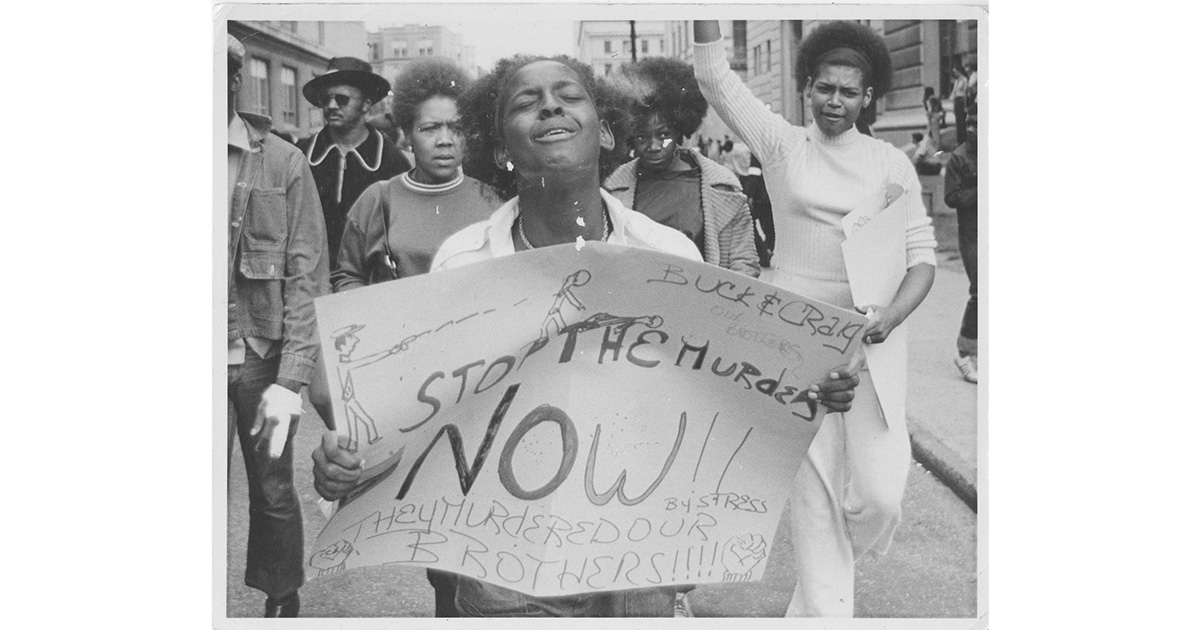 Protesters marching at a STRESS protest in 1971