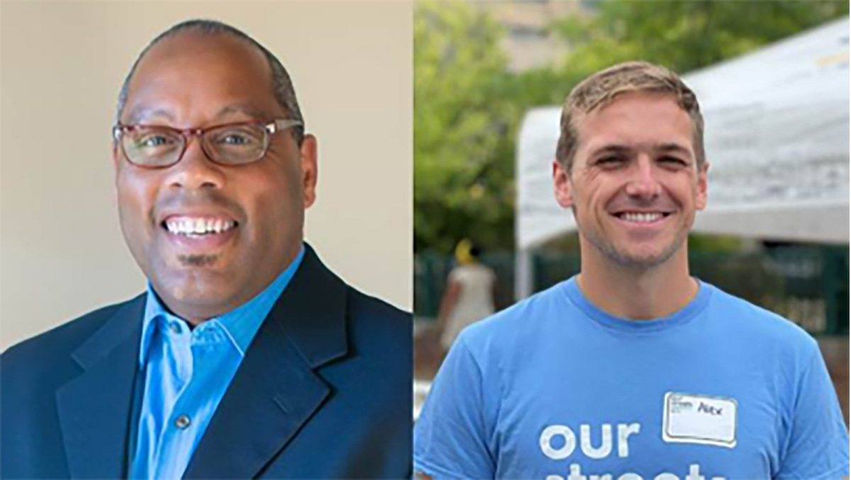 side by side portraits of two men: one African American in a suit and one white in a blue T-shirt