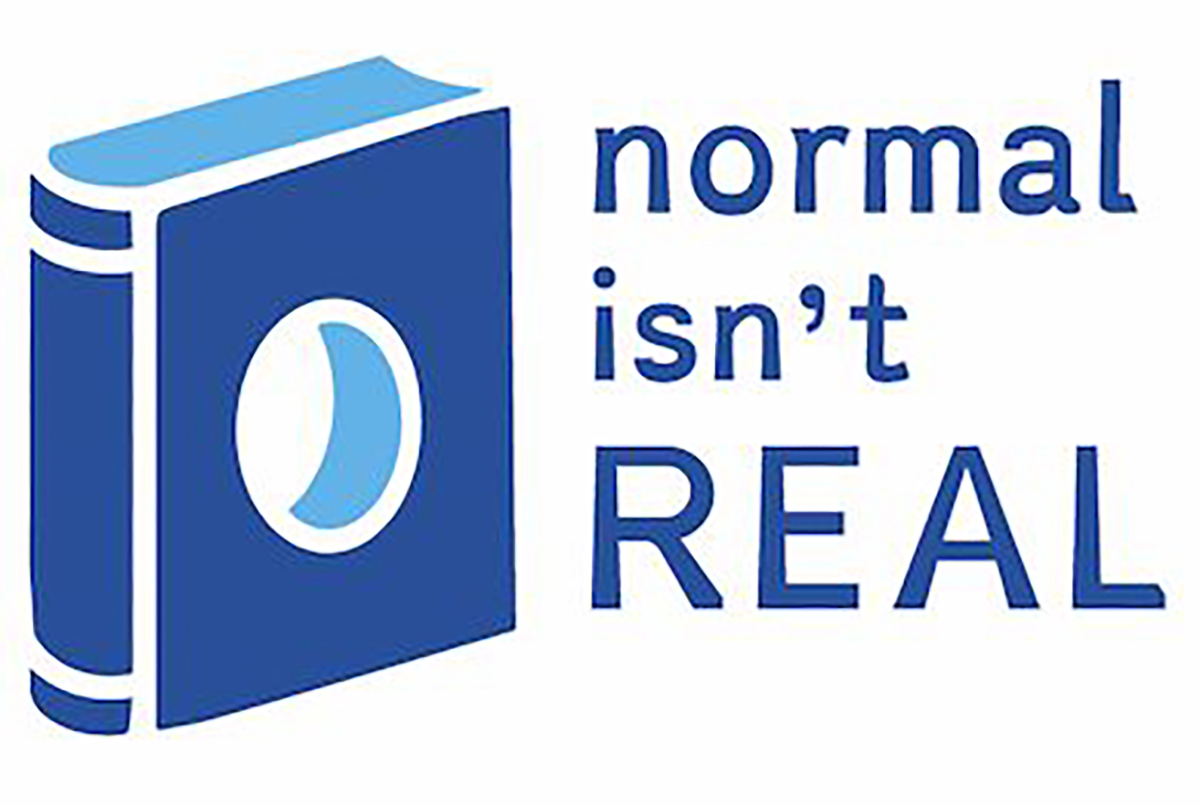 an icon of a blue book, with the words "normal isn't REAL" to the right of the book image