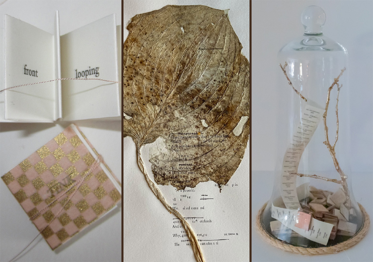Images of a booklet and string, a dried host leaf with a poem typed over it, and a glass jar with a painted twig and strips of typed paper within