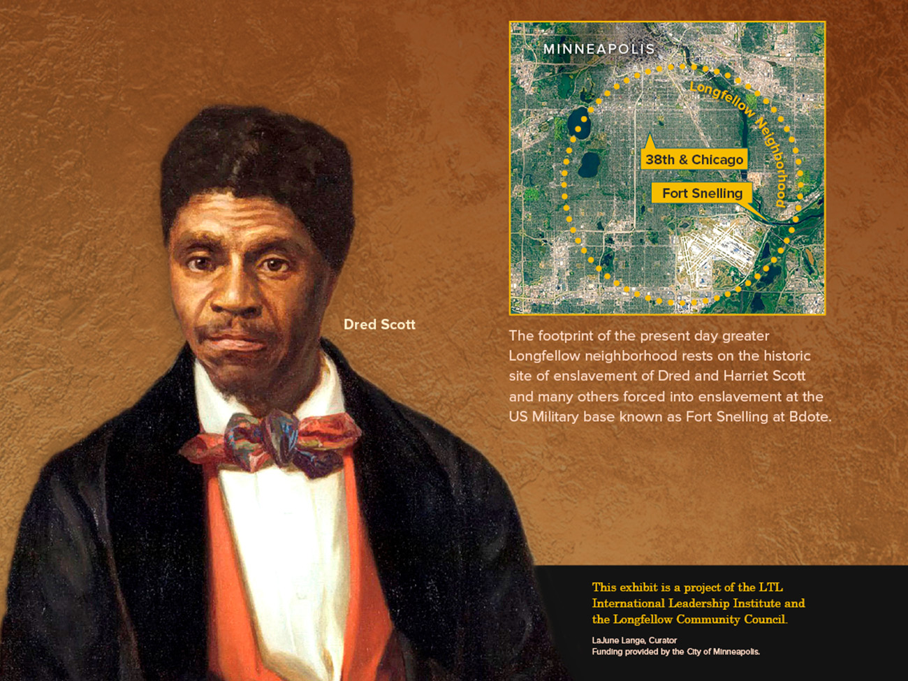 An image of Dred Scott against a brown background, with an inset amp of Minneapolis highlighting the Greater Longfellow Neighborhood