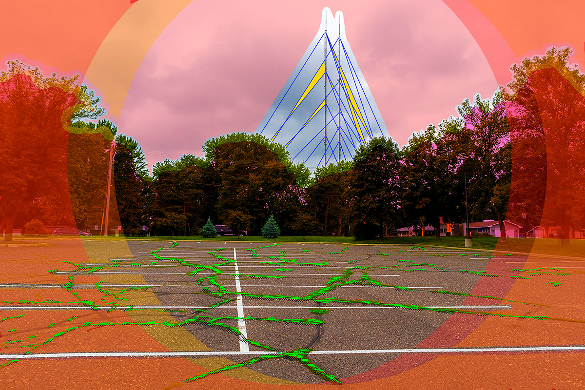 a stylized image of a parking lot with neon green cracks and trees in the background. a red tint overlay borders an open circle framing a distant pair of metal towers with cables angled up toward the sky.