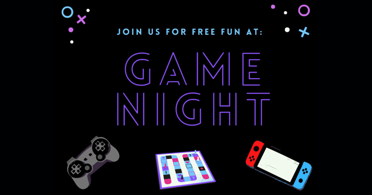 Join us for free fun at Game Night, in light text against a black background, with icons of video game controllers and a board game board