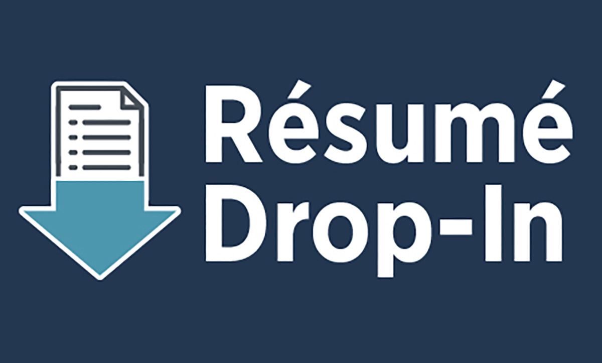 a document icon with a light blue arrow next to the words Résumé Drop-In on a navy blue backdrop