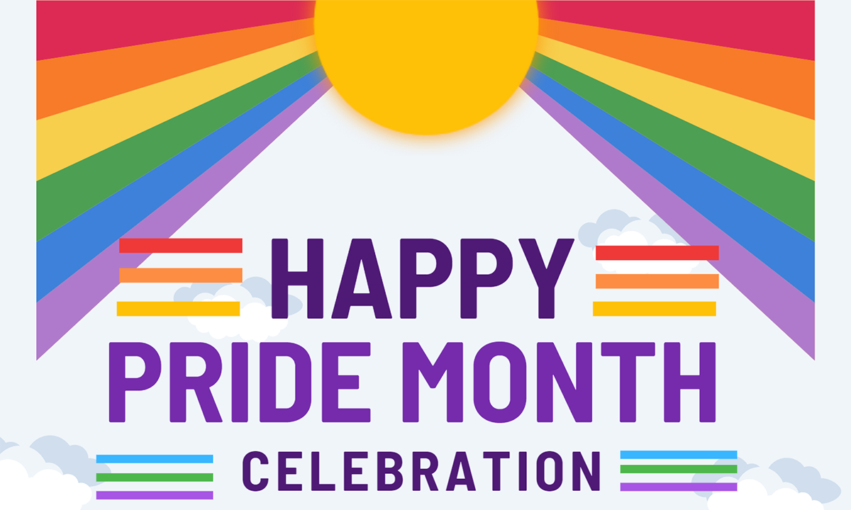 Happy Pride Month graphic, with rainbow sunbeams 