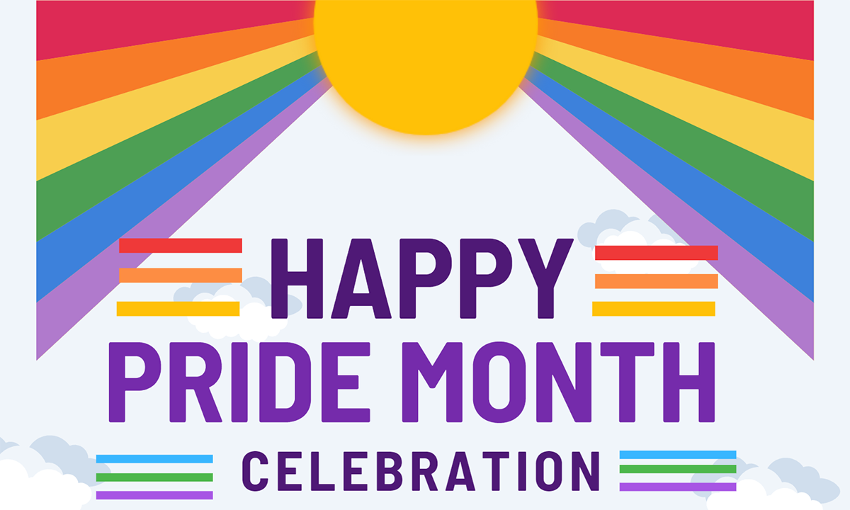 Happy Pride Month graphic, with rainbow sunbeams