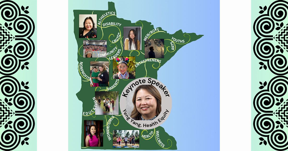 A shape of Minnesota with many faces and phrases inside it, bordered to the left and right by a decorative edging