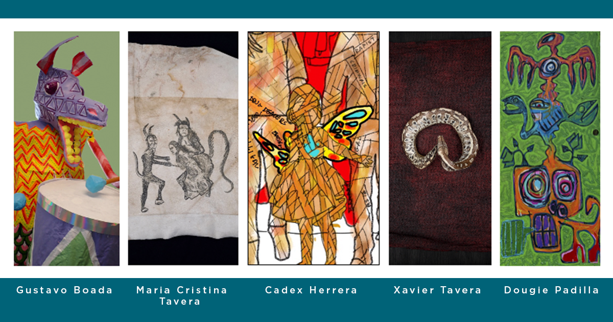 Five images of different artworks by Gustavo Boada, Maria Cristina Tavera, Cadex Herrera, Xavier Tavera, and Dougie Padilla