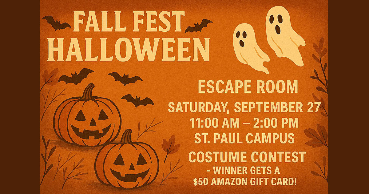 Fall Fest: Escape Room Saturday, September 27, 11 a.m. to 2 p.m. on campus, with an illustration of an orange door opening into a lighter orange room, surrounded by fall leaves