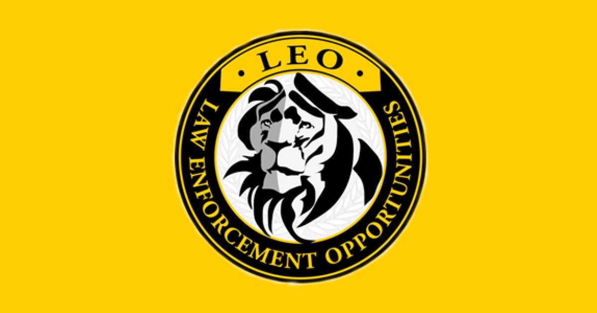 An image of a lion's head, surrounded by the words: LEO—Law Enforcement Opportunities, on a yellow background