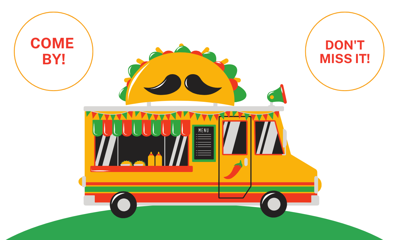 An Illustration of a colorful food truck with a stylized taco with a mustache rising like a sun behind it