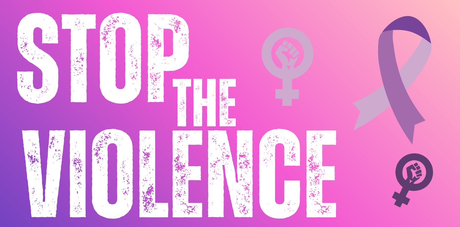 Stop the Violence , next to a purple ribbon on a pink and purple background