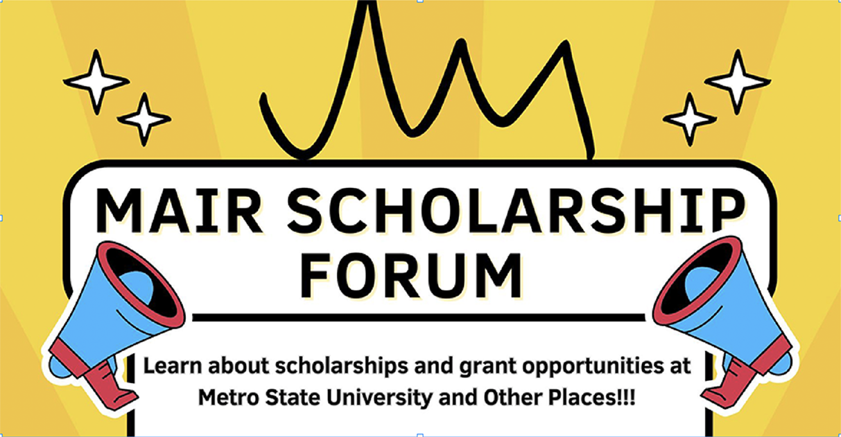 Yellow background with MAIR Scholarship Forum in a white rectangle, bordered by two blue megaphone illustrations