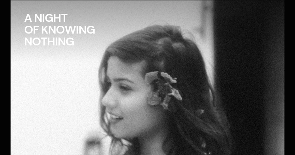 A Night of Knowing Nothing, above a grainy, black-and-whit picture of a young woman with a flower in her hair