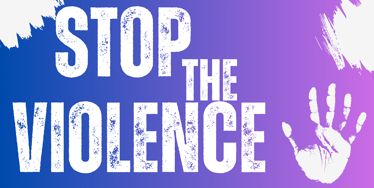 Stop the violence, on a purple backdrop, with a white handprint in the lower right corner