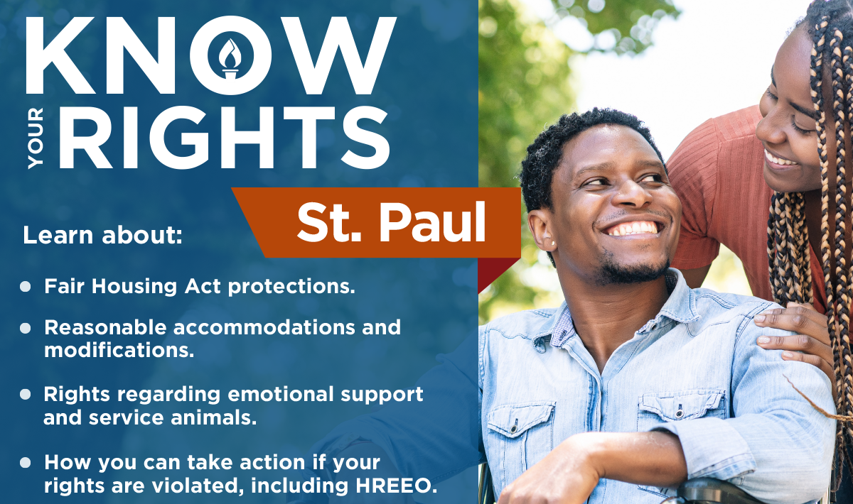 Know you rights St. Paul, with a picture of a person in a wheelchair smiling at a person standing near them.