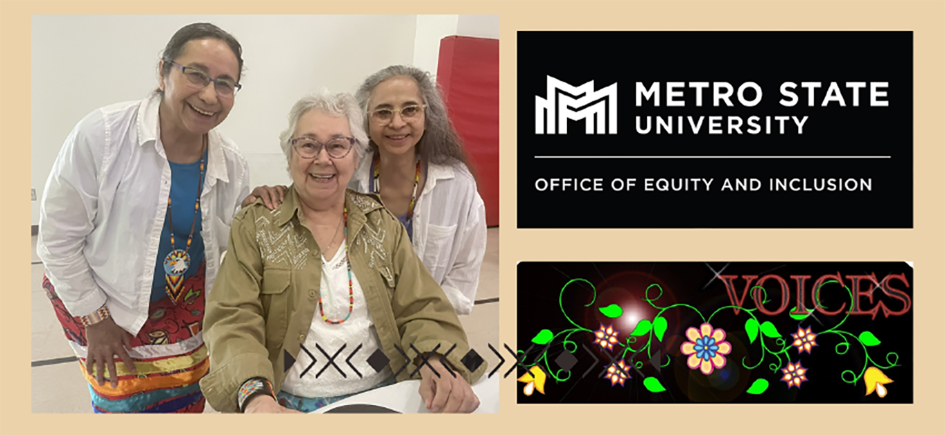 Three women pose for a portrait, next to the Metro State University logo and the VOICES logo