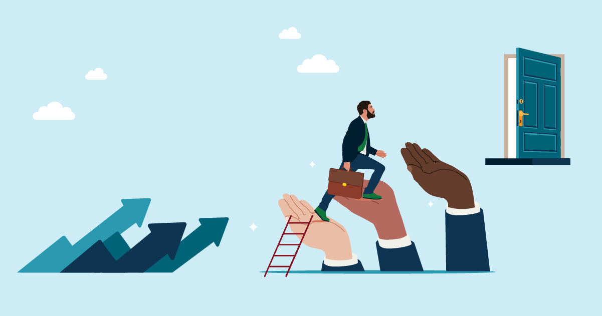 a graphic of a person climbing toward an open door up a series of hands