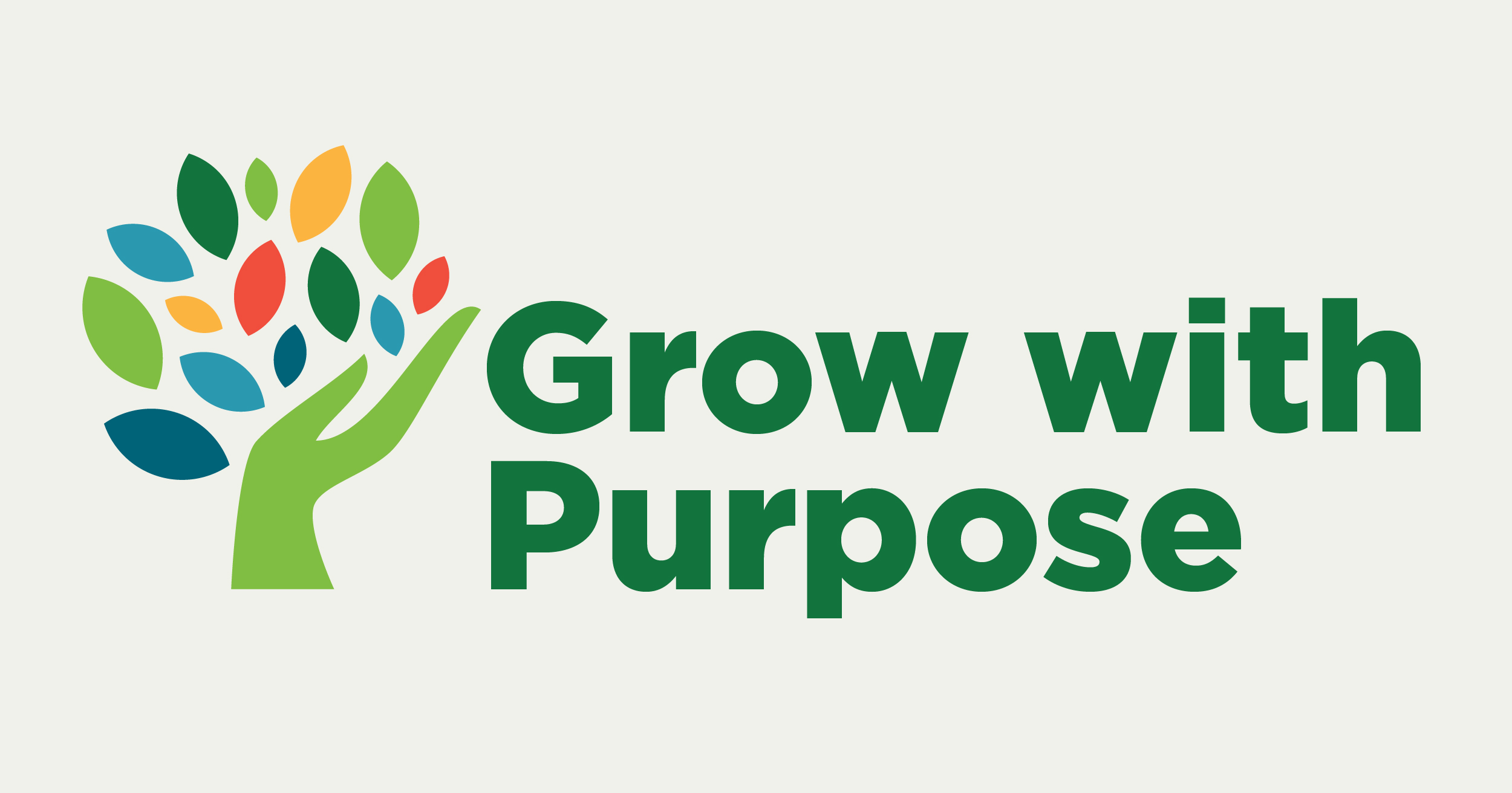 an illustration of a tree with a trunk that is also a light green hand, with leaves of multiple colors, next to the words Grow with Purpose