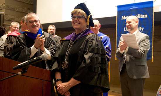 Metropolitan State University President Ginny Arthur and Minnesota State Chancellor Steven Rosenstone at her Presidential Inauguration ceremonies on April 7, 2017, on the Saint Paul campus.