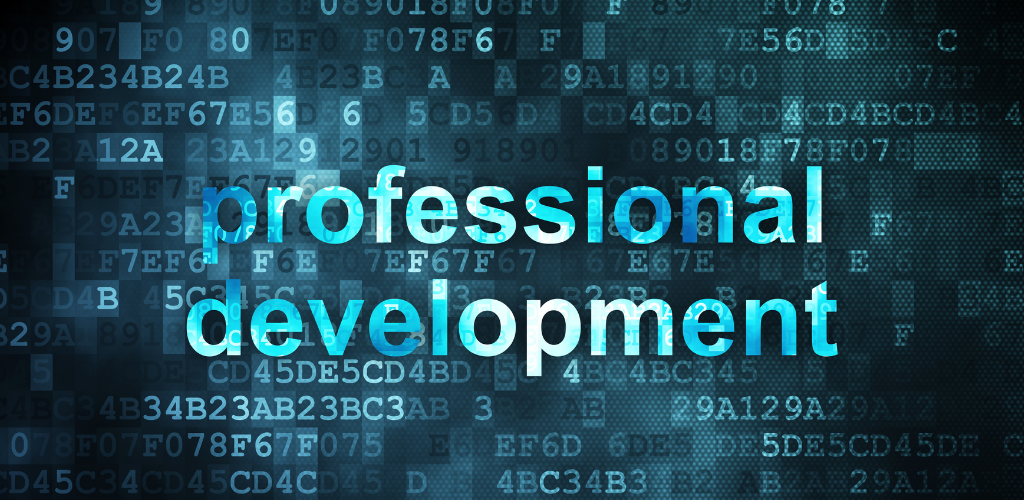 the words professional development superimposed over a blue and black background of simulated computer code