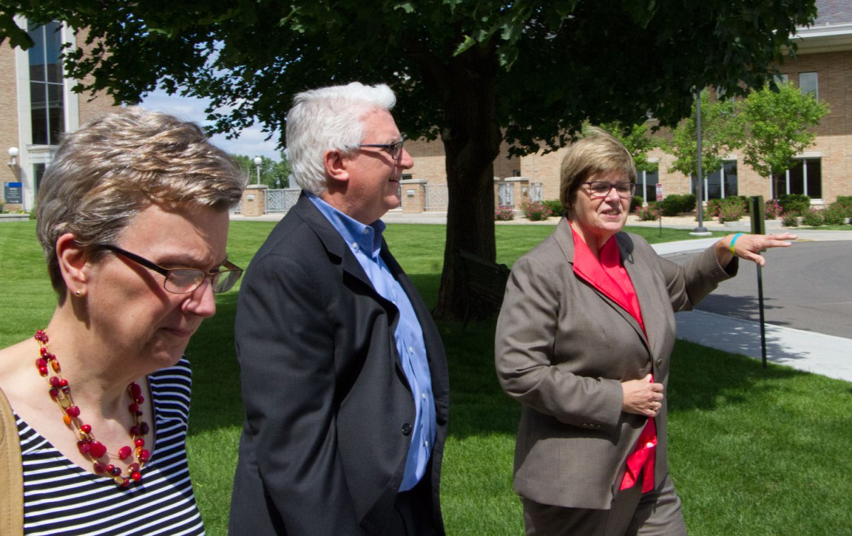Pioneer Press editorial board member Pat Effenberger, left, and editor Mike Burbach met with incoming President Ginny Arthur on June 16 to discuss Metropolitan State University's role and vision in Saint Paul.