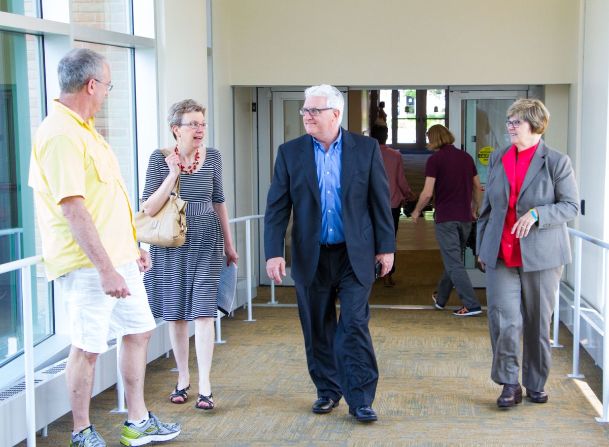 Associate professor John Schneider conducts a campus tour with editorial board member Pat Effenberger and editor Mike Burbach of the Saint Paul Pioneer Press, who visited the Saint Paul Campus and met with incoming President Ginny Arthur, June 16, 2016.