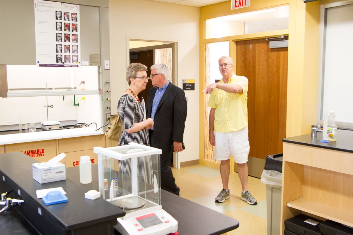 Associate professor John Schneider, right, conducts a tour of the Science Education Center for editorial board member Pat Effenberger and editor Mike Burbach of the Saint Paul Pioneer Press, who visited the Saint Paul Campus and met with incoming President Ginny Arthur, June 16, 2016.