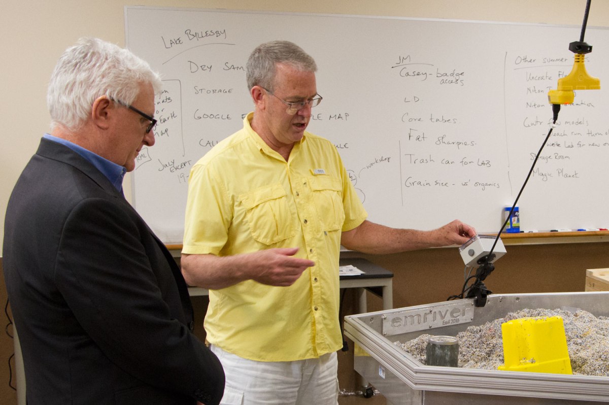 Associate professor John Schneider, right, explains how watersheds are studied during a tour of Metropolitan State University’s Science Education Center for editorial board member Pat Effenberger and editor Mike Burbach of the Saint Paul Pioneer Press. Effenberger and Burbach visited the Saint Paul Campus to meet with incoming President Ginny Arthur, June 16, 2016.