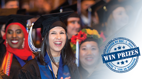smiling graduates with WIN PRIZES by registering by December 1, 2020 stamp