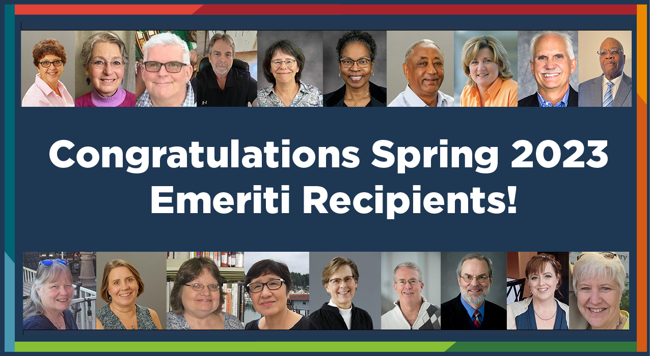 Seven portraits above "Congratulations Spring 2023 Emeriti Recipients!" with 8 more portraits below