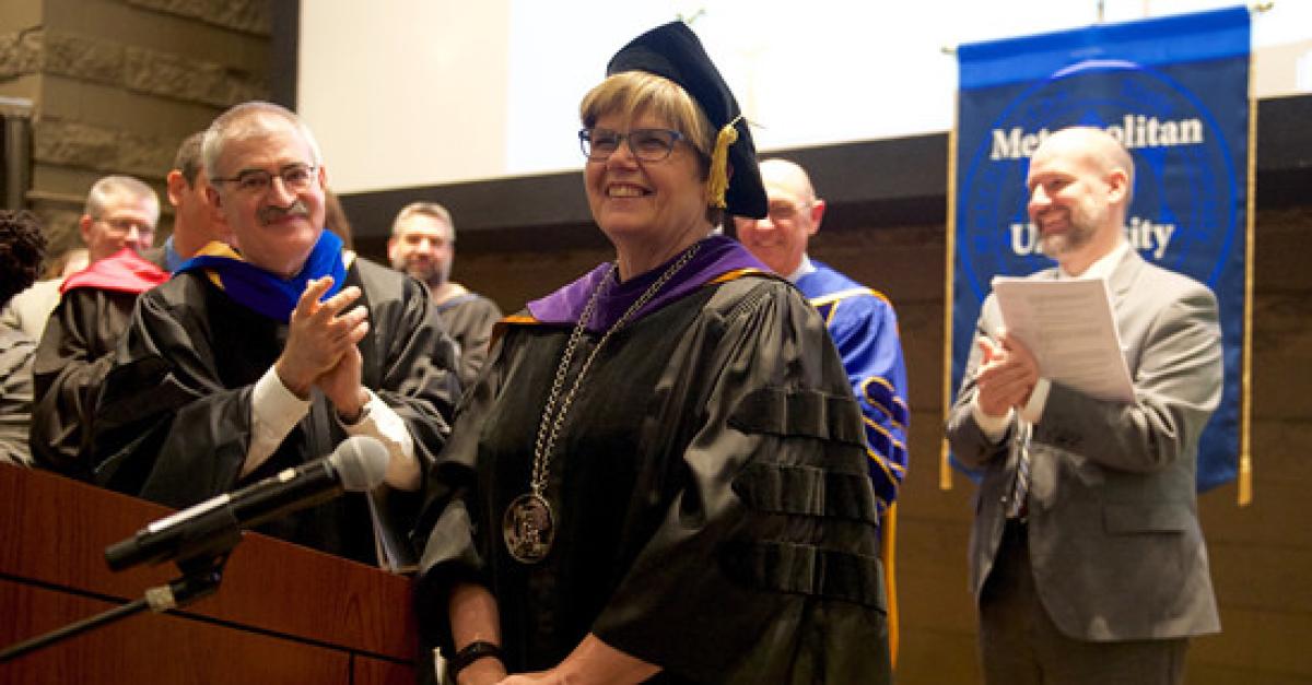 Metropolitan State University President Ginny Arthur and Minnesota State Chancellor Steven Rosenstone at her Presidential Inauguration ceremonies on April 7, 2017, on the Saint Paul campus.