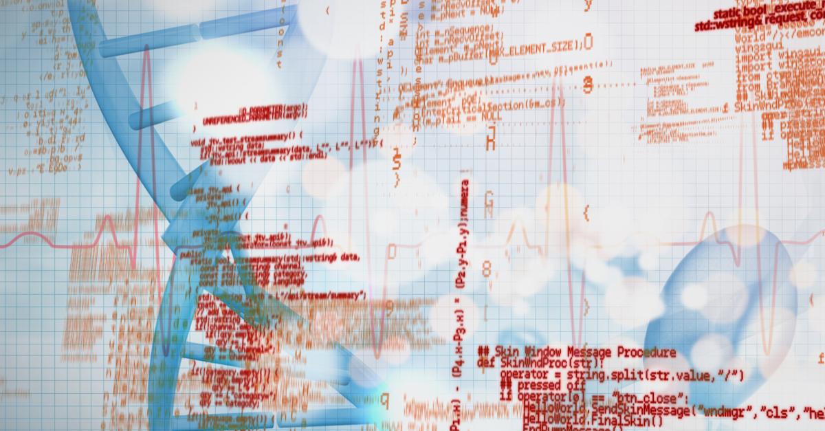 A layered illustration of DNA, computer code and math notations.