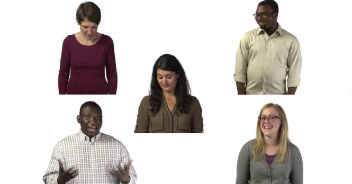 A still from a video with five people on the screen.