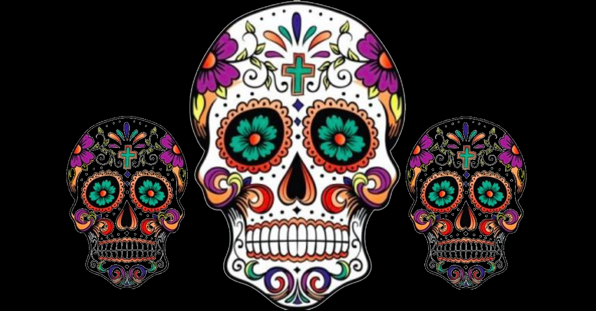 Dia De Los Muertos, three colorful skull drawings