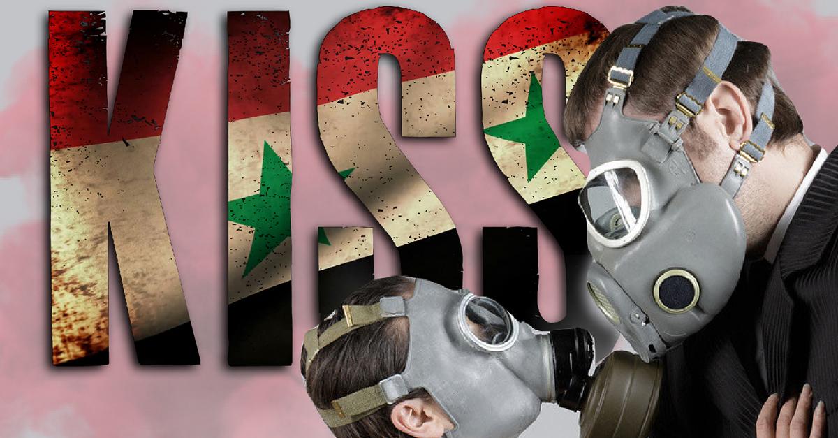 KISS text in background with a man and woman wearing gas masks embracing in the foreground
