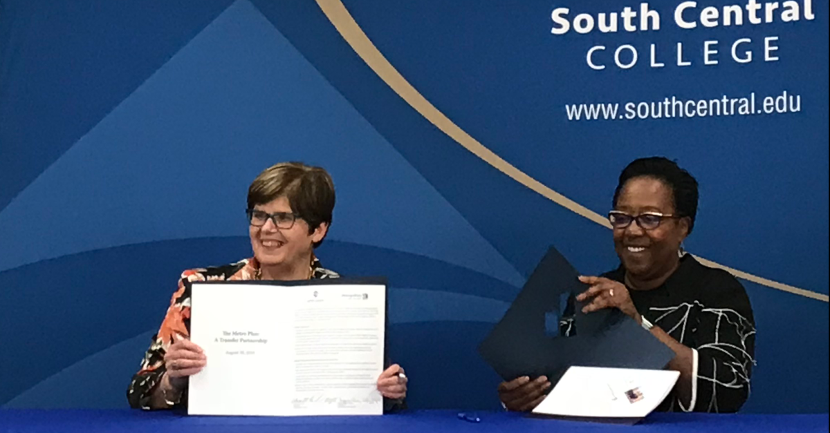 Metropolitan State President Virginia Arthur and South Central College President Annette Parker