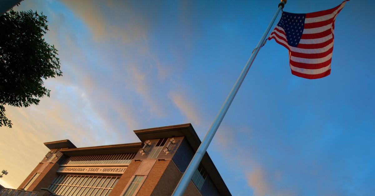 New Main with American flag in foreground