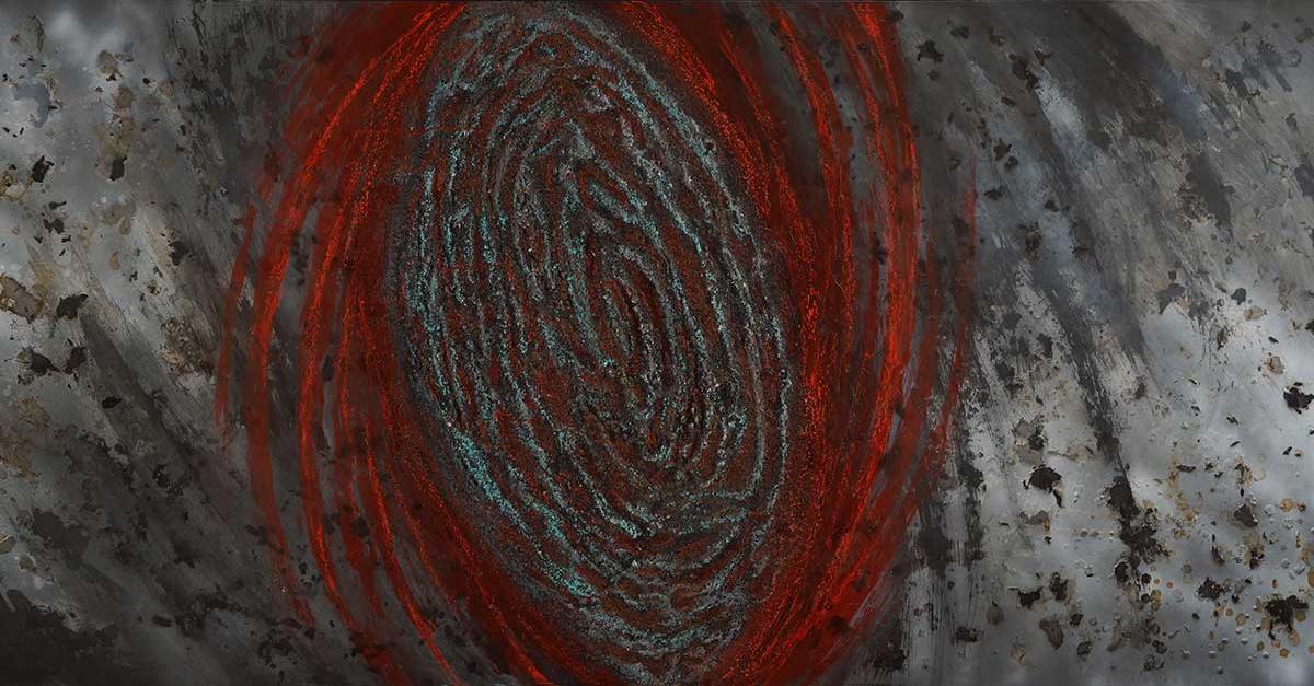 A red and gray swirl (looking not unlike a thumbprint) with red arms coming off of it is centered on a background of bold, irregular white, black and gray strokes.