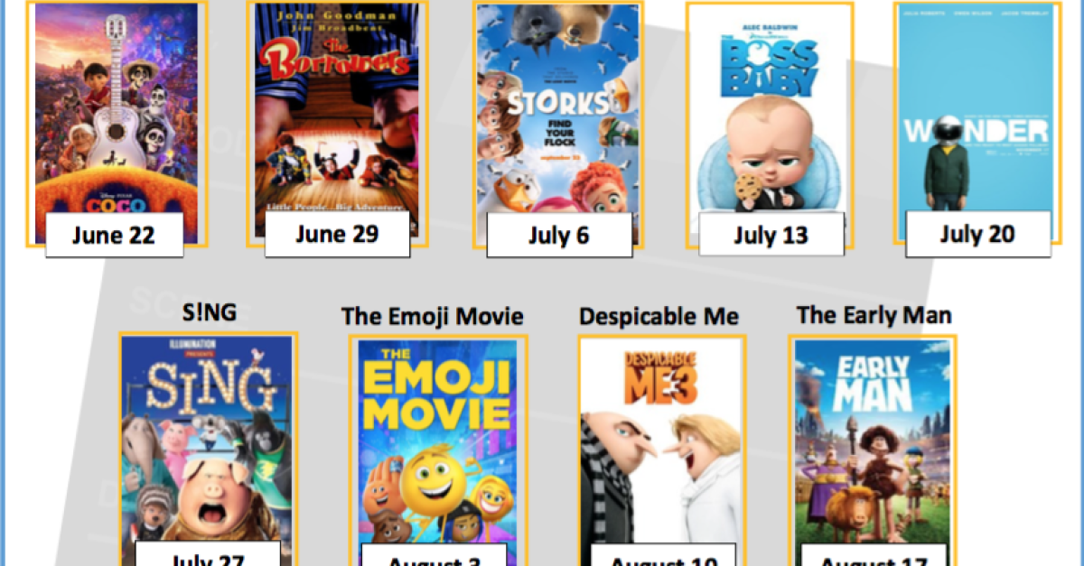 Posters for the nine movies shown as part of Summer Movie Fridays.