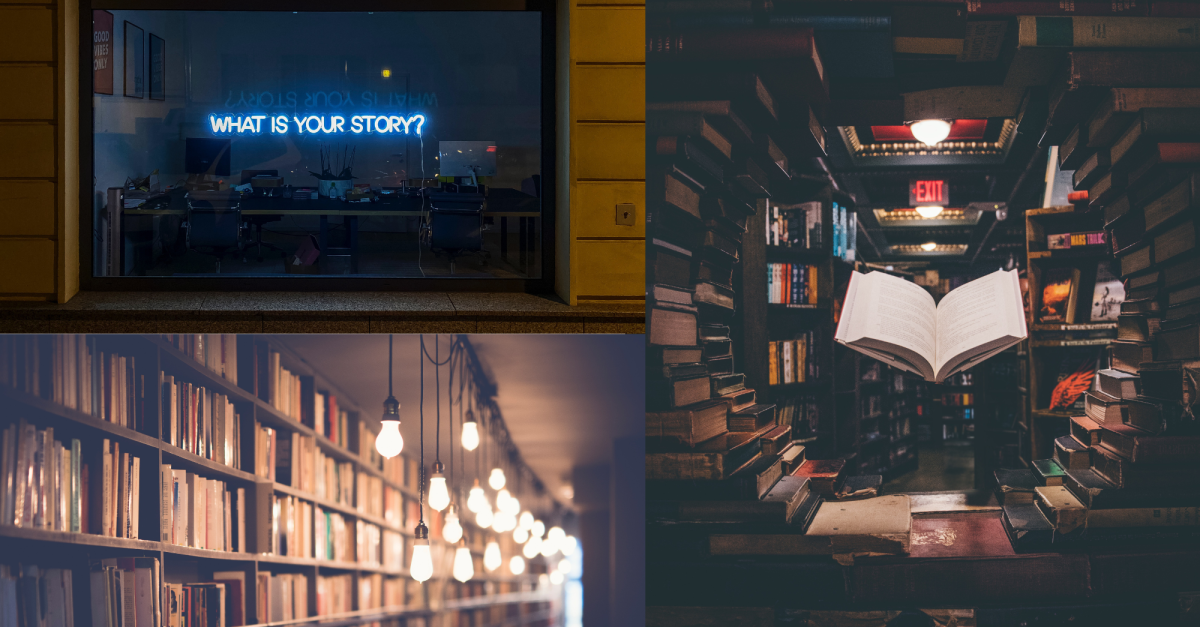 a neon sign in a window saying "what is your story?" above a row of bookshelves in a long room, beside another image of an open book surrounded by other books 
