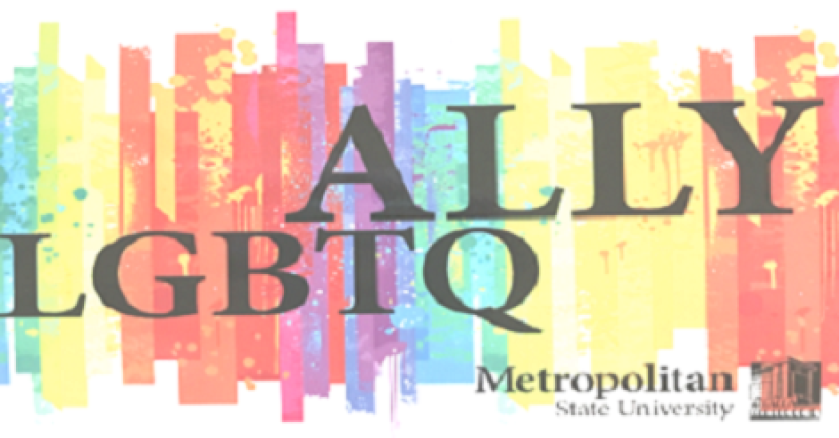 Metropolitan State University LGBTQ ally logo with rainbow backdrop
