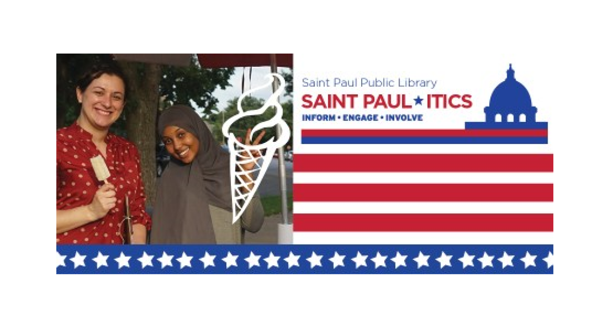 Two women with ice cream next to the Saint Paul-itics event banner