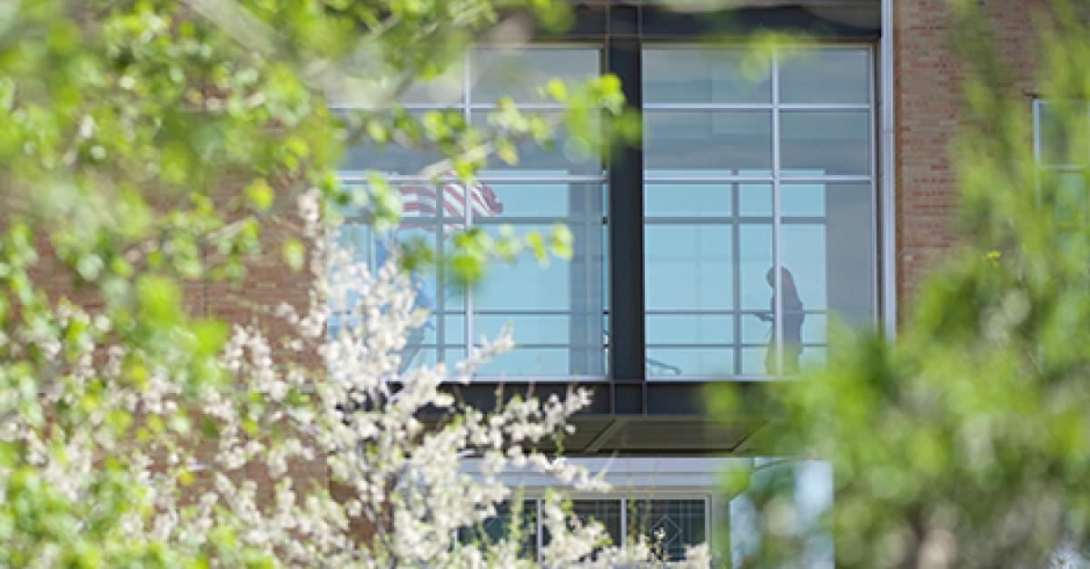 woman walking in Metro State's skyway, spring or summer, daytime with blue sky and American flag in background