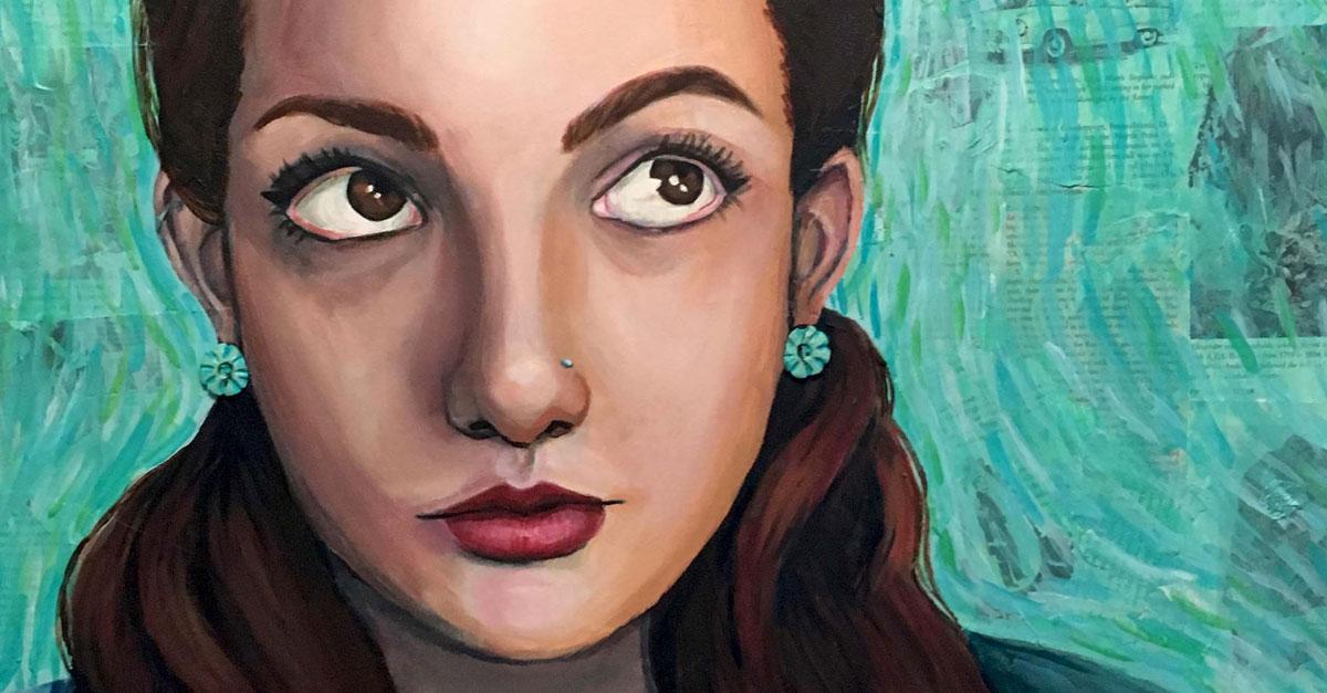 A painting of a young white woman. She is looking up and to her left with a tranquil look on her face. The background is undulating translucent teal paint over newsprint.