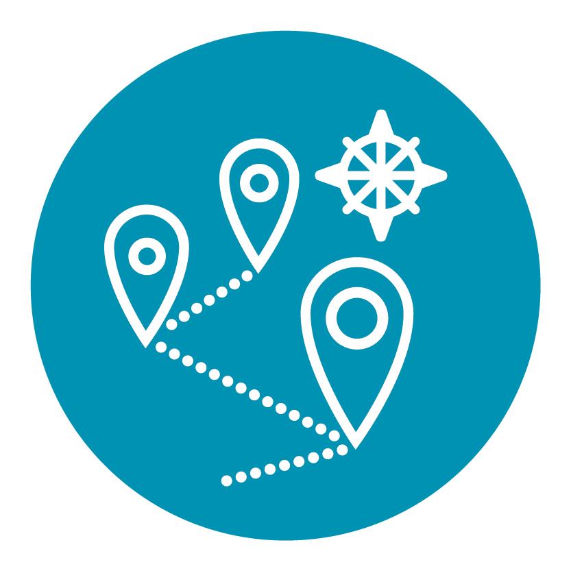 blue circle logo with map pins and a compass